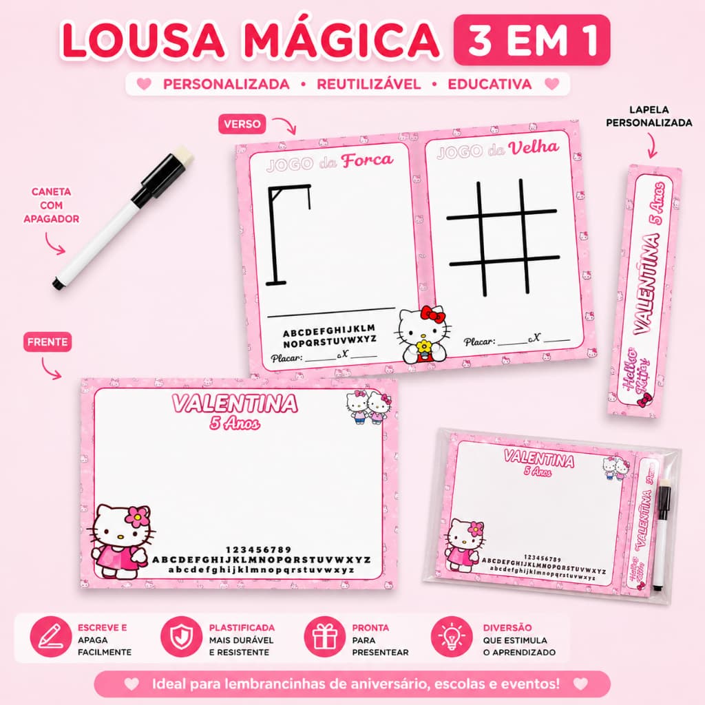 Lousa Mágica 3 em 1 Personalizada Nome Hello Kitty Lembrancinha Festa Aniversário Infantil Presente
