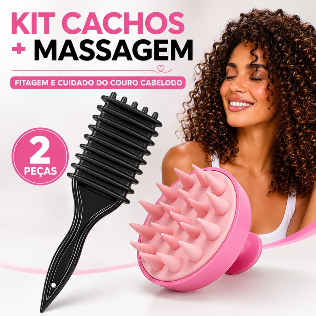 Kit Escova Fitagem Para Cachos + Massageador Couro Cabeludo