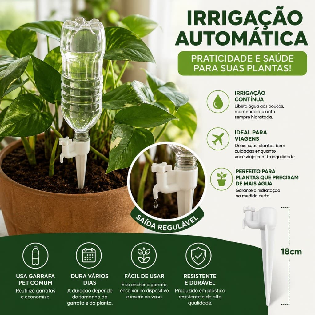 Irrigador Automático para Plantas com Garrafa PET Gotejador 18cm - Gotejador regulável - Viagem