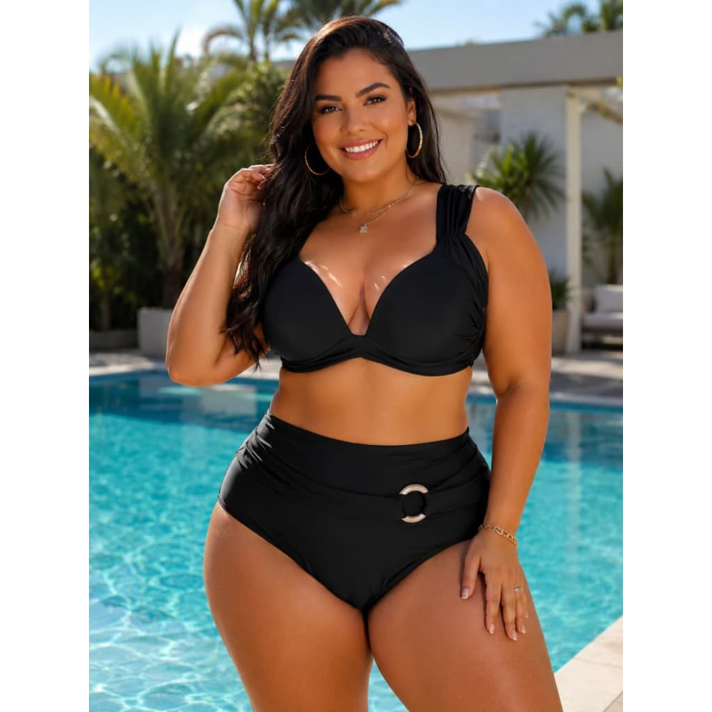 Biquini Cintura Alta Plus Size Bojo Reforçado em Poliamida Preto/Rosa Moda Praia Feminina Alças Reforçadas Moda Piscina