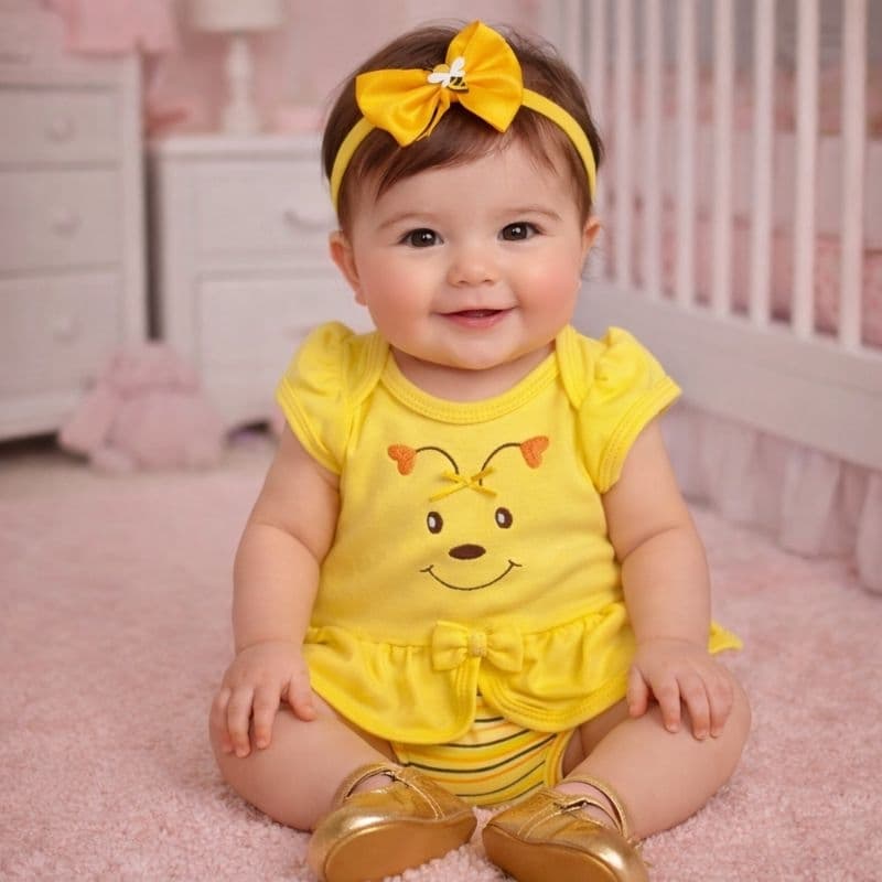 Roupa Temática Bebê Menina Abelhinha Luxo Mesversário Bordado Protegido Suedine Premium Tiara Ensaio