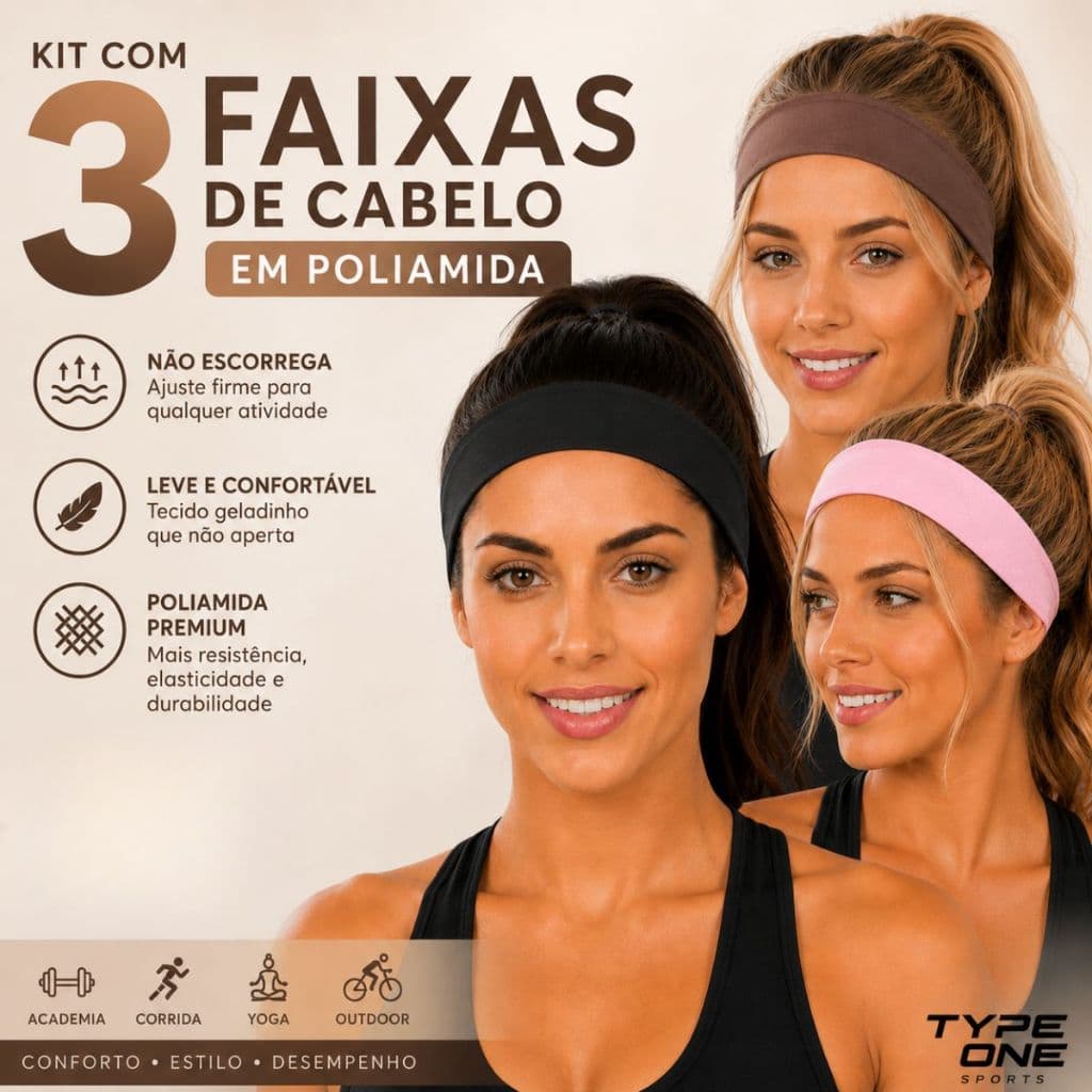 KIT 3 Faixas de Cabelo Feminina Fitness Não Escorrega Poliamida Confortável Academia Corrida Yoga
