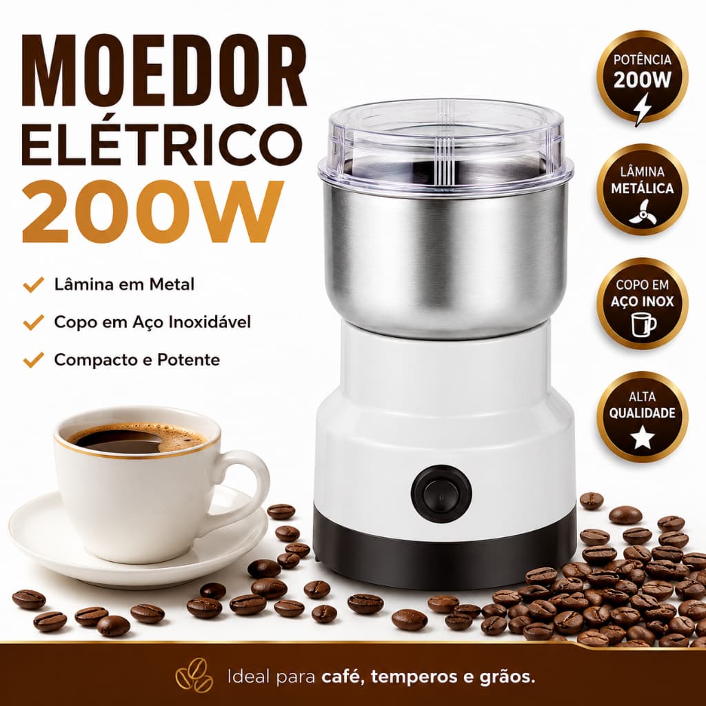 Moedor Elétrico de Café em Aço Inox Multifuncional para Grãos, Temperos e Especiarias