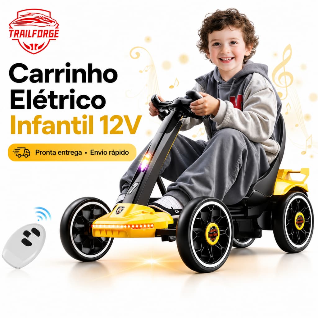 Kart Infantil Elétrico 12V com Controle Remoto e Luzes LED, Carro Elétrico Infantil com Som até 65kg