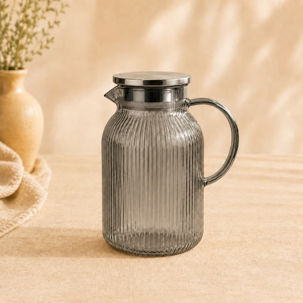 Jarra de Vidro Twinkle Cinza 1,5L Tampa Inox Premium Design Sofisticado Água Suco Chá Gelado Bebidas