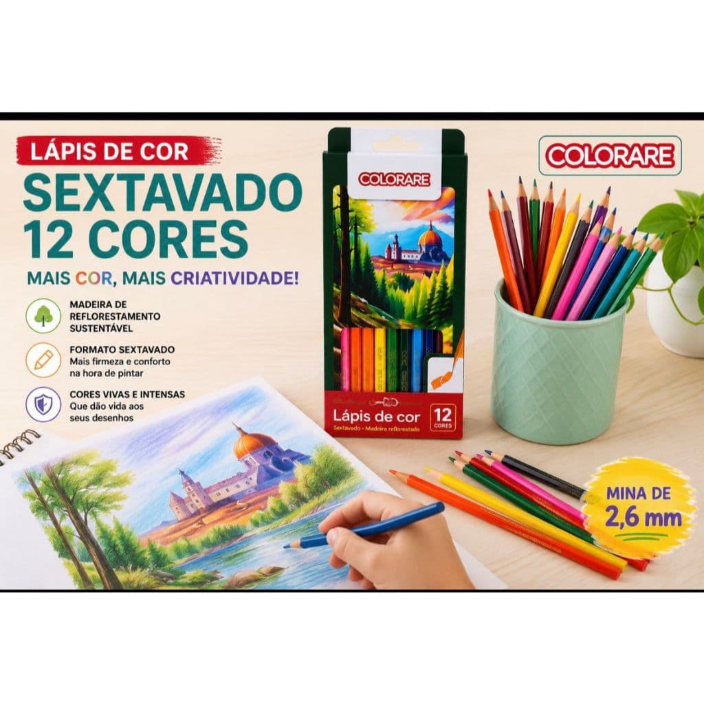 Kit Lápis de Cor Sextavado Colorare 12 Cores em Madeira