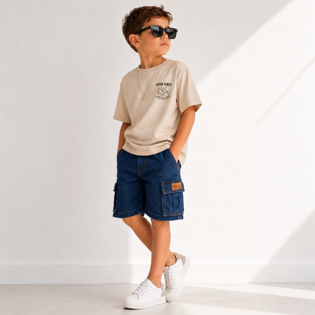 Short Jeans com Bolso Cargo Infantil Menino Bermuda Casual Moderno
