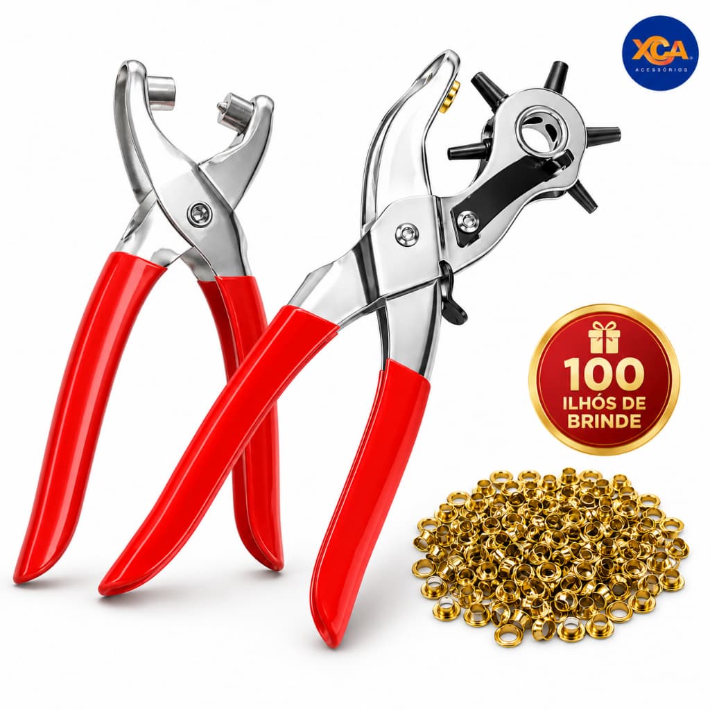 Alicate Aplicador E Furador De Ilhós Profissional 6 Medidas Manual Completo Com 100 Ilhós
