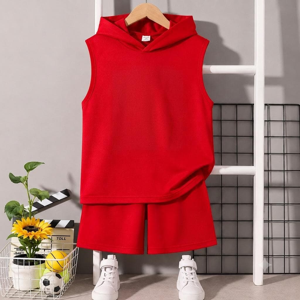 Conjunto Infantil Menino algodão short e regata capuz liso sem estampa