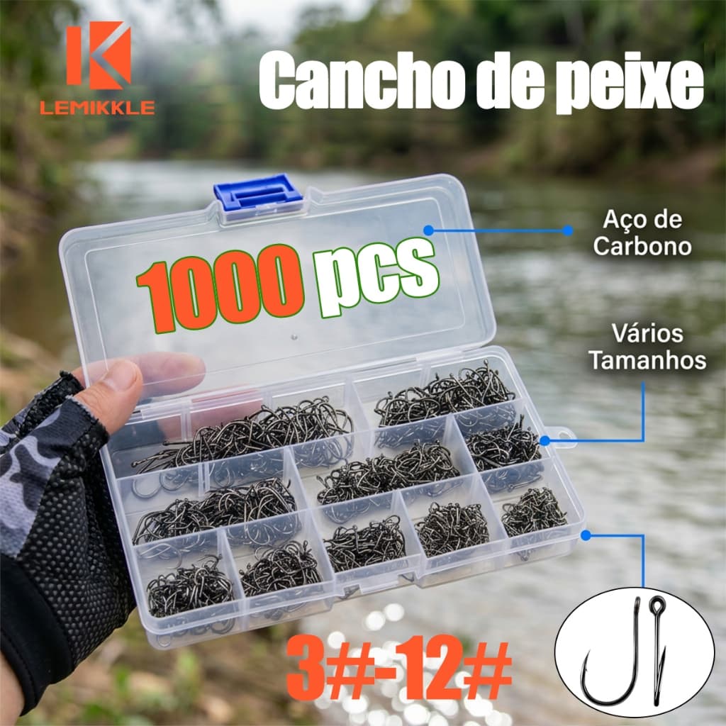 LEMIKKLE - Cancho de Peixe 1000 pcs - 3#-12# Aço Carbono, Vários Tamanhos, Pesca Profissional