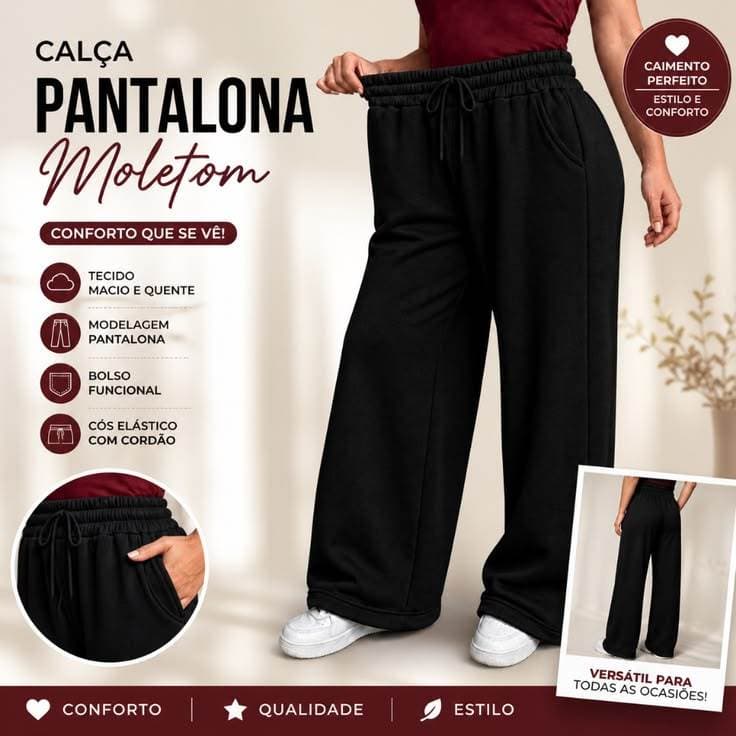 Pantalona Moletom Feminina Flanelada Wide-Leg Cintura Alta Conforto Tendencia Casual