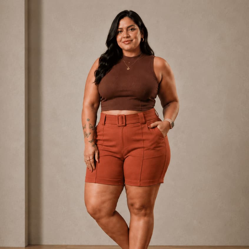 Short Feminino Plus Size Bengaline Social Com Cinto Fivela Alfaiataria Cintura Alta 42 ao 52