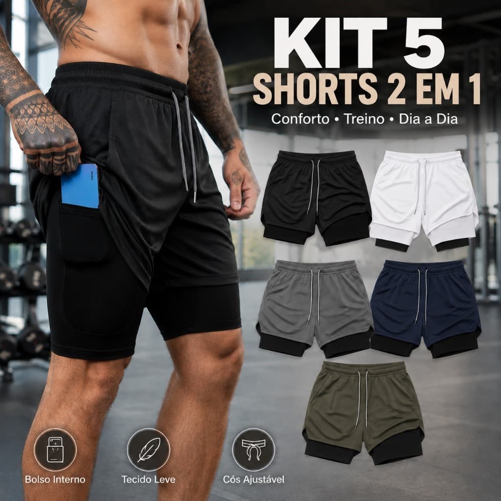 Kit 5 Shorts Masculino 2 em 1 Dry Fit Sem Estampa com Forro Interno Bolso Celular Academia Treino Corrida