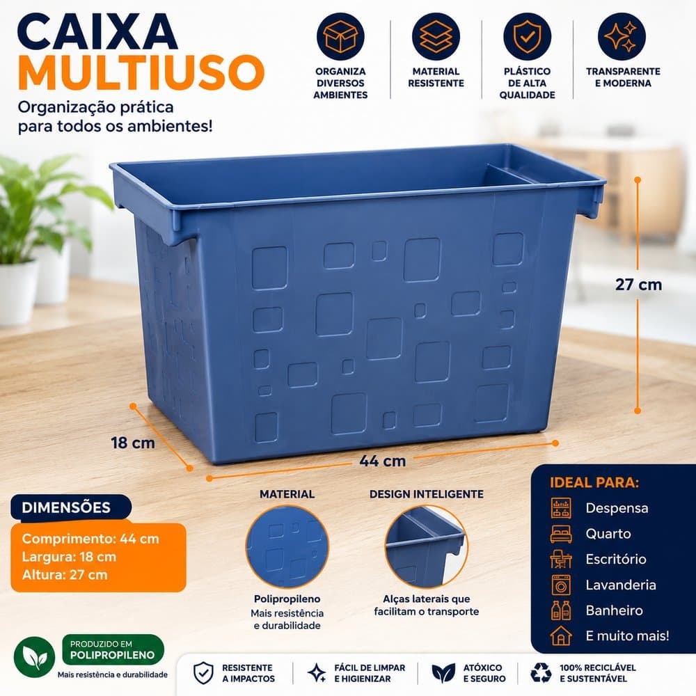 Caixa DELLO Multiuso Organizadora Retangular 21 Litros Resistente- Azul Ou Transparente