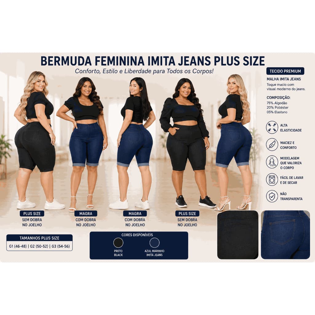 Bermuda Feminina Cotton Imitação Jeans Cintura Alta