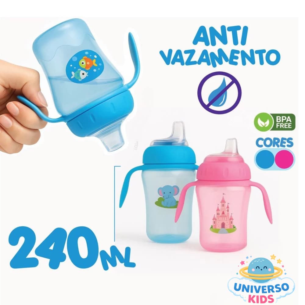 Copo Para Bebê Anti-Vazamento Bico Silicone Macio Alça Removivel 240 ml