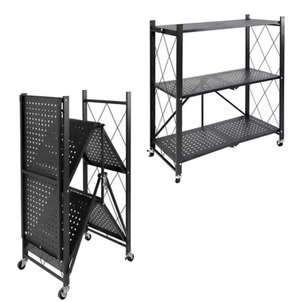Estante Dobrável de Aço com Rodinhas - Prateleiras Perfuradas, Design Dobrável, Rodas com Travamento