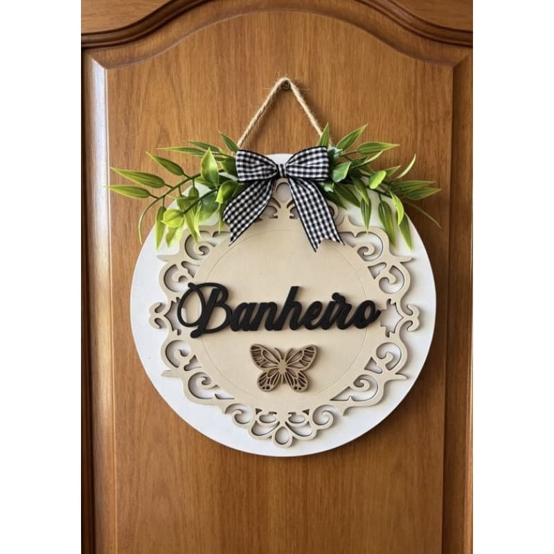 Placa decorativa em madeira " Banheiro" com corda para pendurar