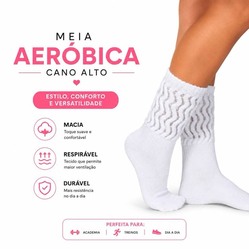 Meias Aeróbicas Femininas Com 1 Até 6 Pares Cano Alto