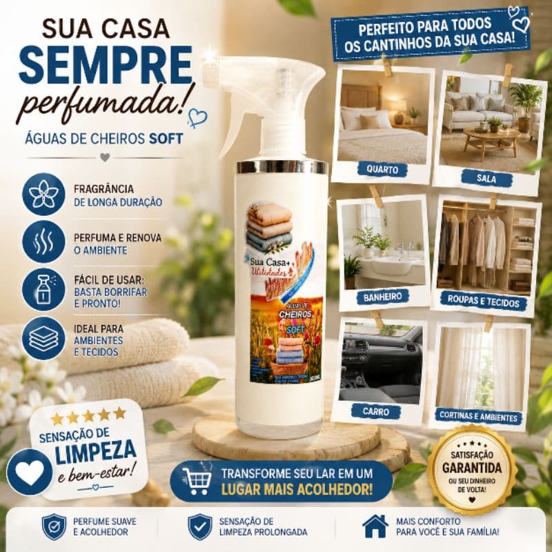 Água de Cheiro Soft 500ml Aromatizador para Tecidos e Ambientes Spray Borrifador Reutilizável Perfume Casa Roupa