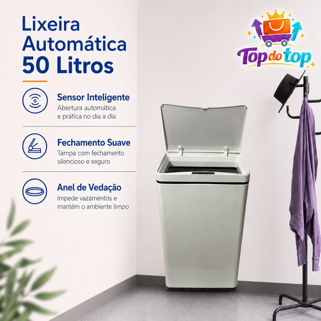 Lixeira 50 Litros Sensor Inteligente Automática Moderna Antibactéria Abre sozinha zero toque