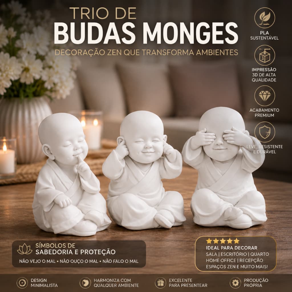 Trio Budas Monges Decorativos Para Casa e Escritórios em  3D | Decoração Zen Oriental