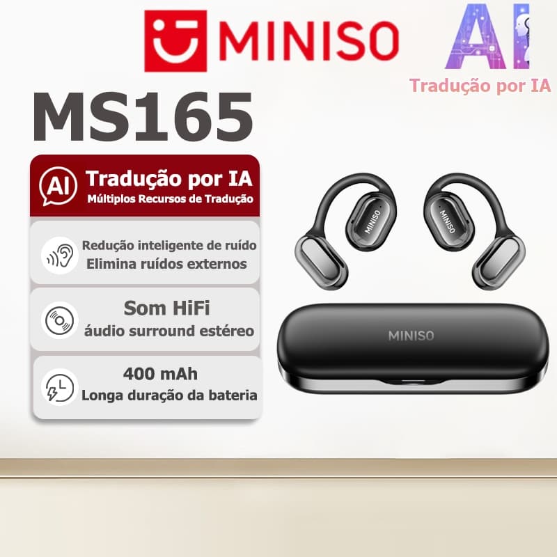 Fone Bluetooth de tradução IA MINISO MS165, Bluetooth 5.4, redução de ruído inteligente, som HiFi e resistência à água I