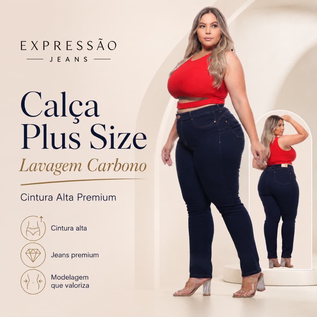 Calça Plus Size feminina cintura alta premium com muito Power lavagem carbono