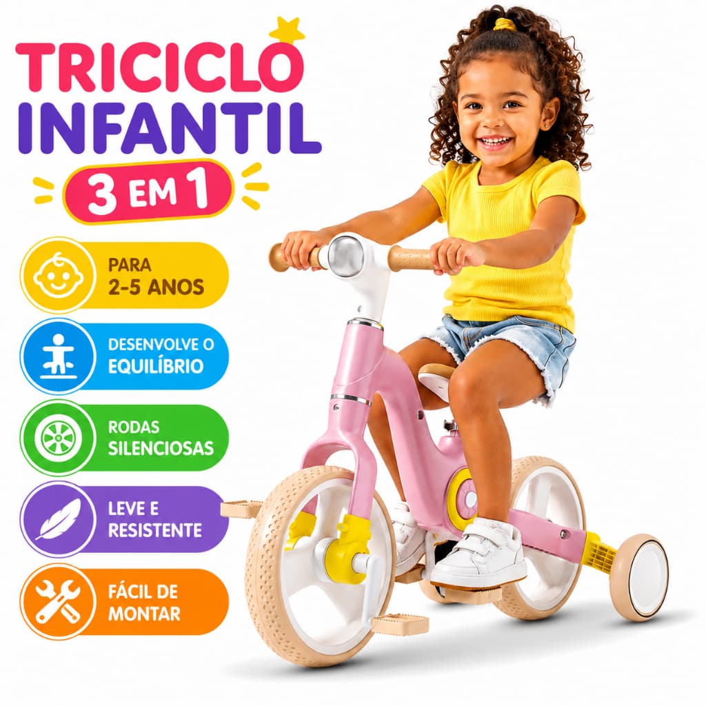 Bicicleta de Equilíbrio para Crianças 3 em 1 com Rodas de Apoio, 1-5 Anos, Antiderrapante, Ajustável -P24