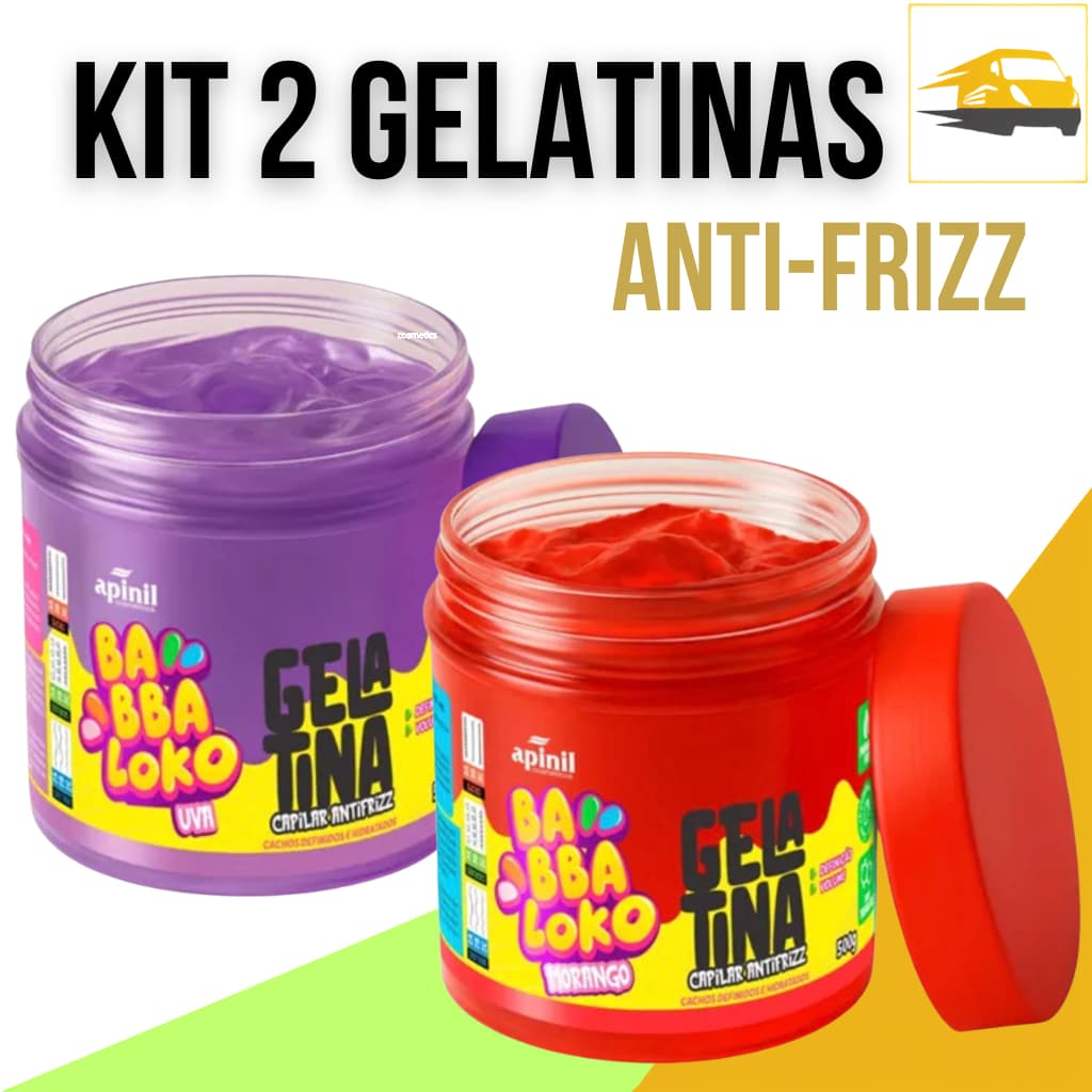 KIT 2 GELATINA CAPILAR APINIL POTE 500GR DEFINICAO CACHOS MORANGO E UVA