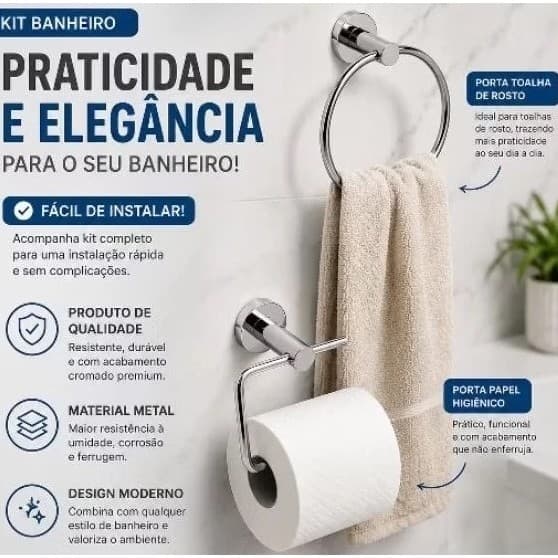 Kit Porta Toalha de Rosto Metal e Porta Papel Higienico De Metal Cromado Para Banheiro