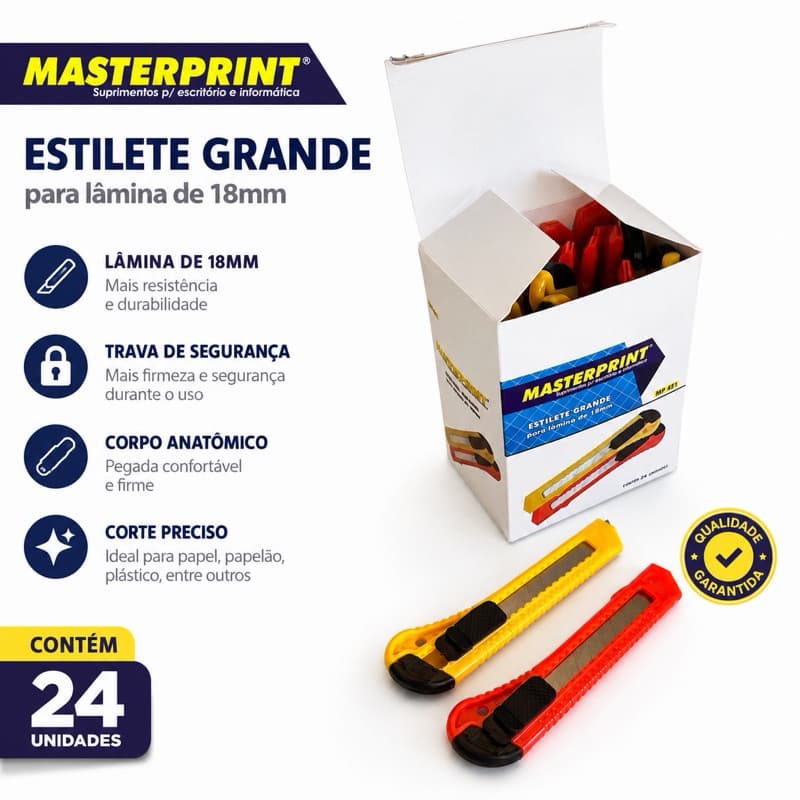 Estilete Largo 18mm Plástico Masterprint – Caixa com 24 Unidades