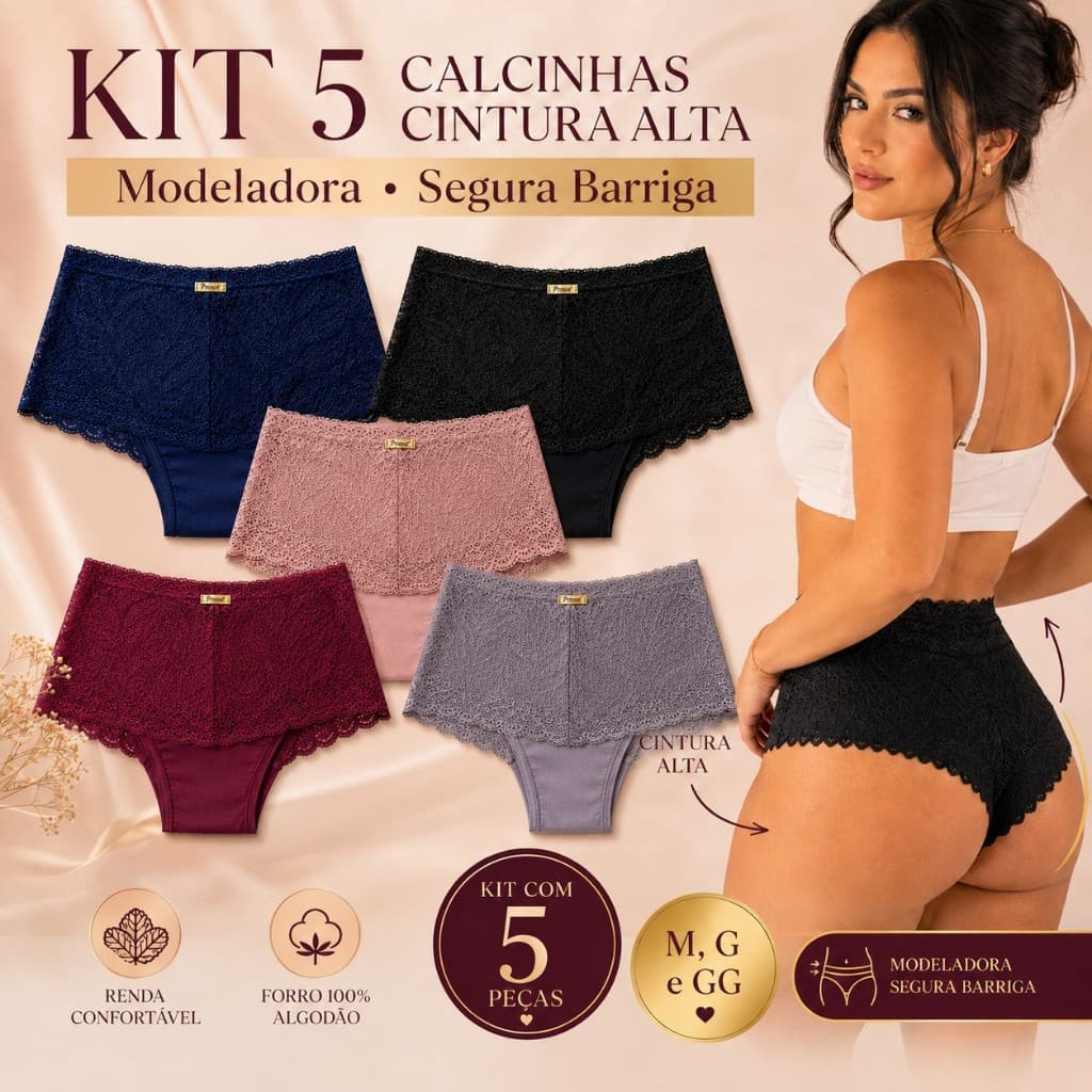 Kit 5 Calcinhas Cintura Alta Modeladora Redutora Segura Barriga Renda Forro 100% Algodão M G GG