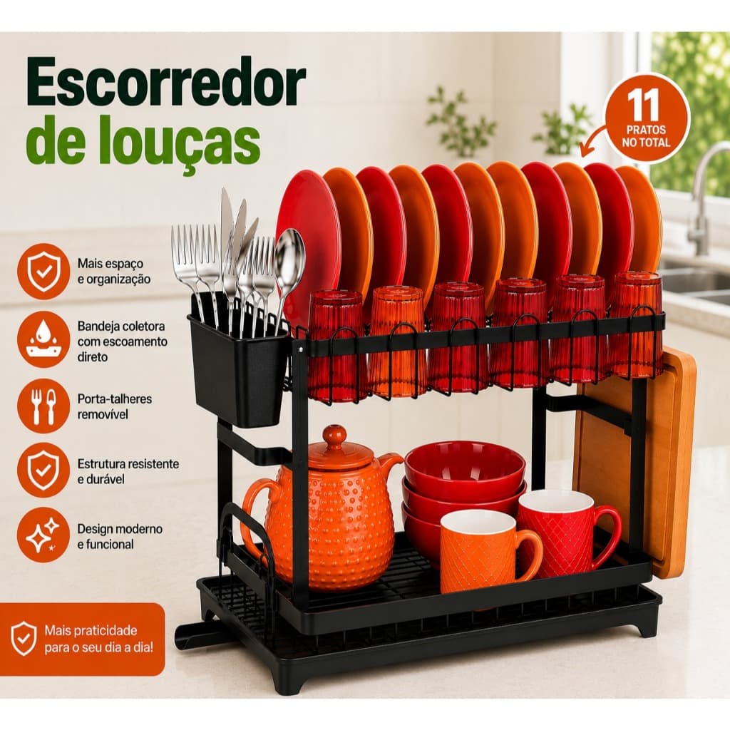Escorredor de Louças 2 Andares com Porta Talheres, Porta Copos e Bandeja Coletora Preto