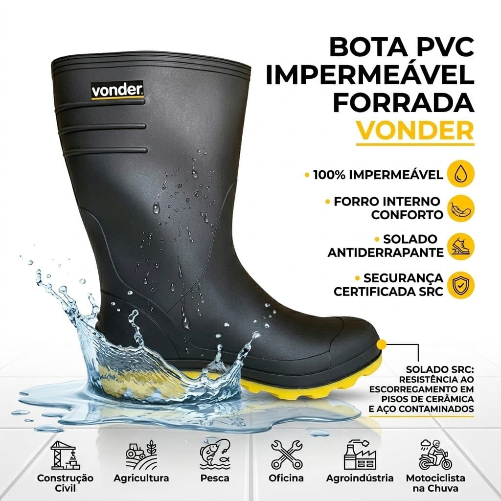 Bota PVC Impermeável Forrada Cano Médio Galocha para Chuva Moto Construção e Trabalho