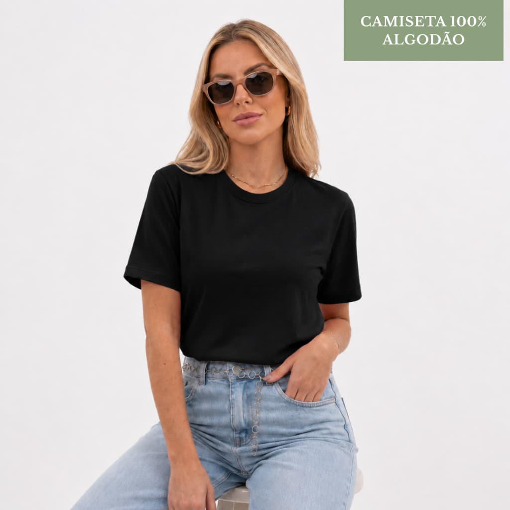 Camiseta Feminina Básica 100% Algodão Manga Curta Caimento Ajustado