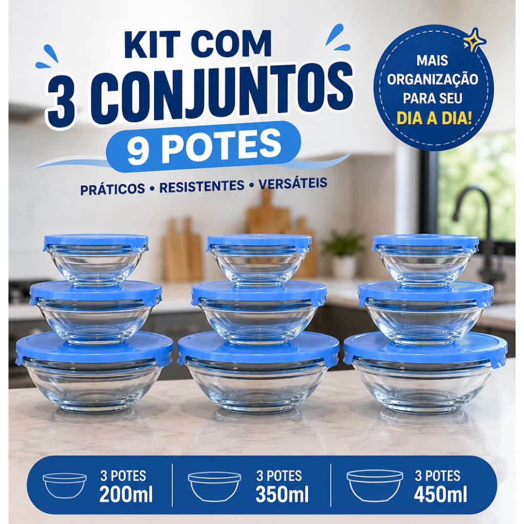 Conjunto Potes de Vidro com tampa 3 peças