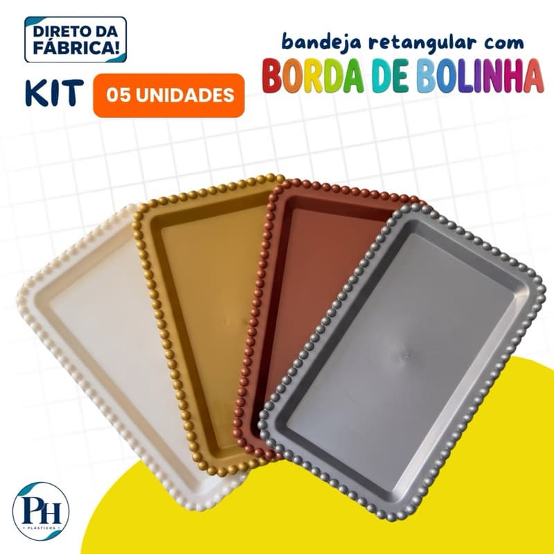 KIT 5 BANDEJAS RETANGULAR PLÁSTICA COM BORDA DE BOLINHAS 25x15CM | IDEAL PARA FESTAS E DECORAÇÃO