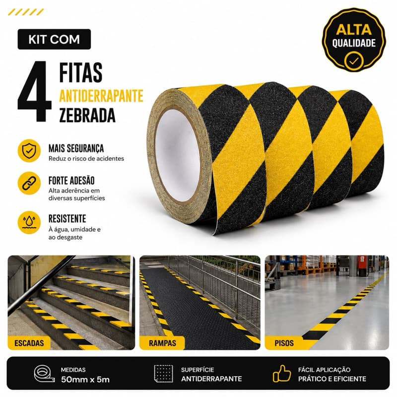 Kit 4 Fitas Antiderrapante 5m x 5cm Evita Escorregões Alta Resistência Água Piso Escada JD19