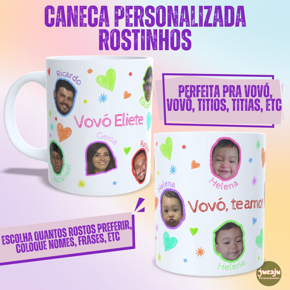 Caneca Rostinhos Personalizada 325ml | Presente para Dia dos Avós, Dia dos Pais, Tia, Tio, Mãe e Amigos