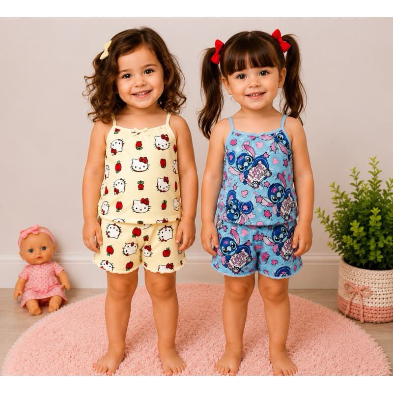 Kit 2 Pijamas Infantis de Alcinha Confortável Para Meninas De Microfibra Estampas Variadas Babydoll