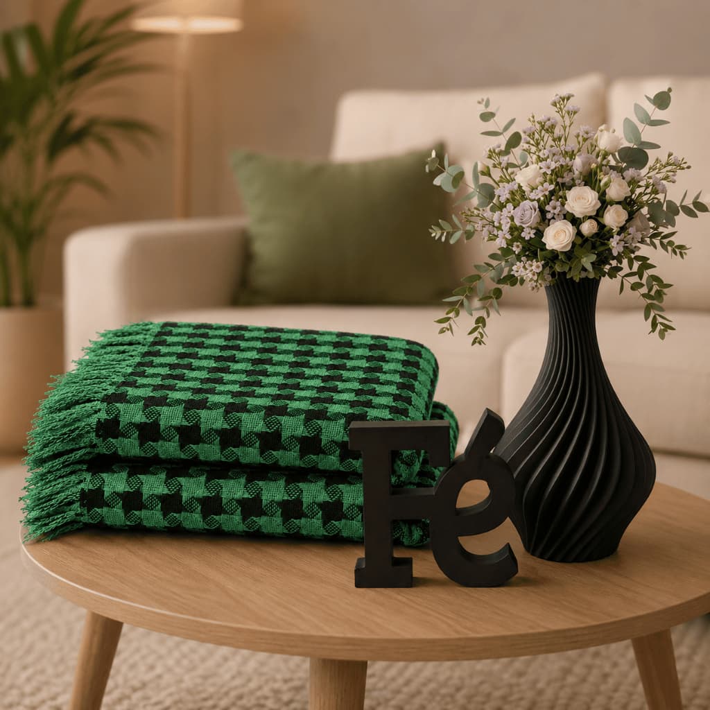 Kit Manta para Sofá + Fé + Vaso de Flores em 3D Decoração Enfeites Manta 100% Algodão Premium Grande