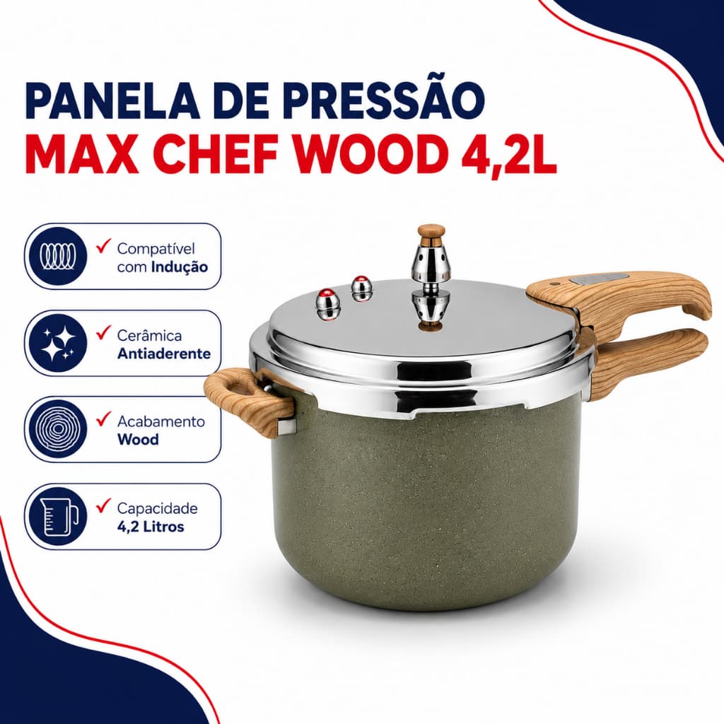 Panela de Pressão Indução Max Chef Wood 4,2L – Cerâmica Antiaderente, Segura e Moderna