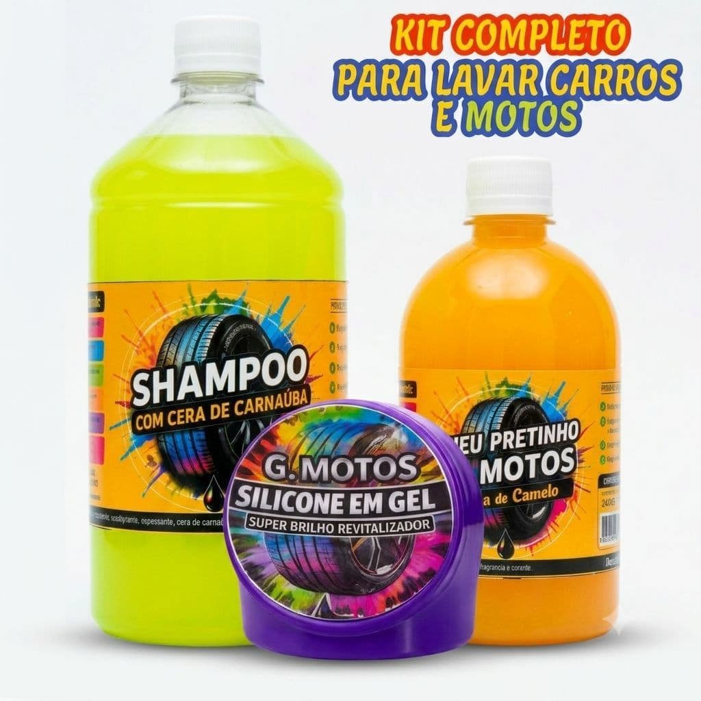 Kit Lavagem Automotiva Carro Moto 1 Shampoo Com Cera 1 LITRO 1 Silicone Em Gel 1 Pneu Pretinho  500ml KIT COMPLETO