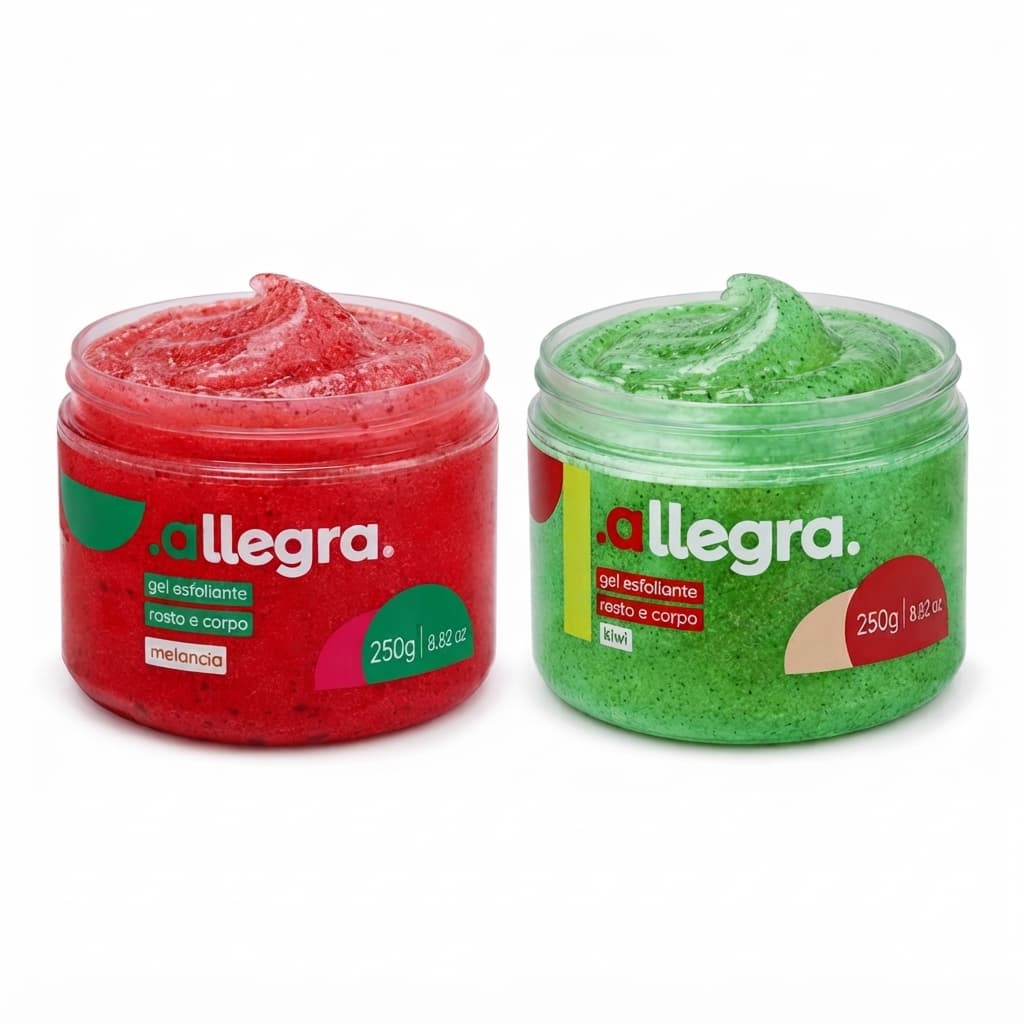 Gel Esfoliante Hidratante Allegra Melancia ou Kiwi Rosto Corpo Frutas Antioxidante Pele Macia 250g