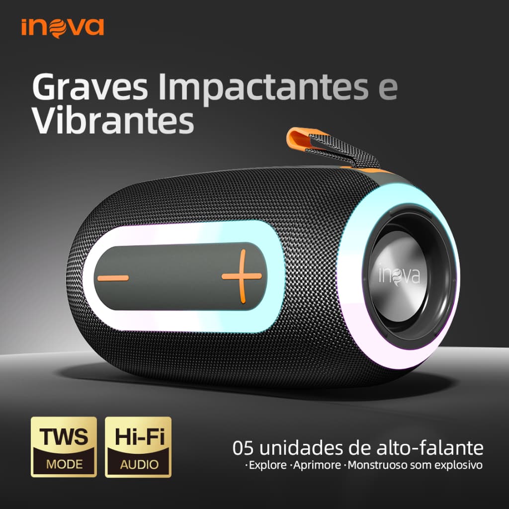 INOVA Caixa de Som Bluetooth Portátil Graves Som Estéreo Potente Luzes LED À Prova D'água Bateria Longa Duração