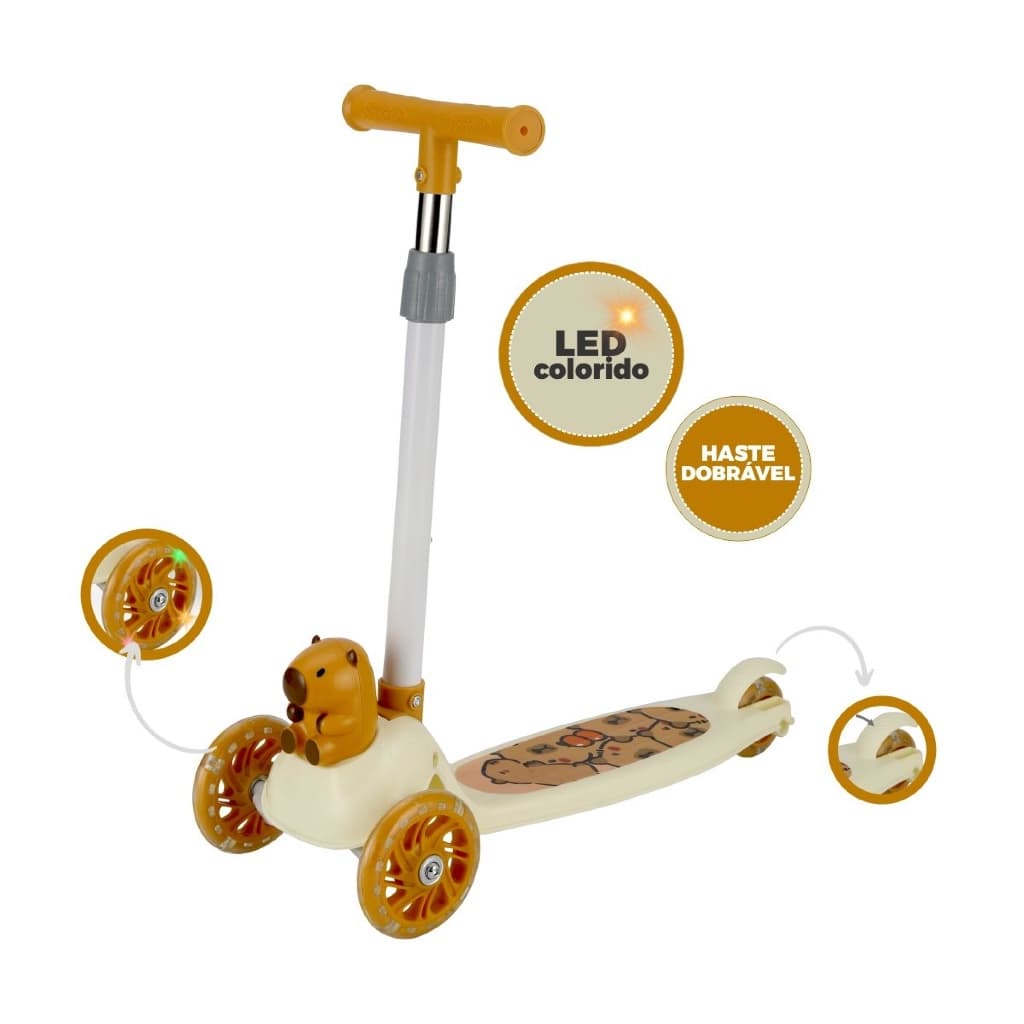 Patinete Infantil Capivara 3 Rodas Com Led e Haste Dobrável
