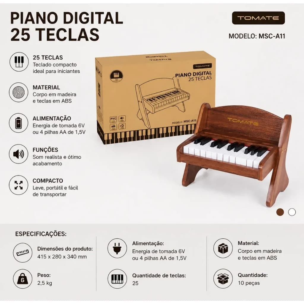 Piano Digital Infantil 25 Teclas Madeira Teclado Musical