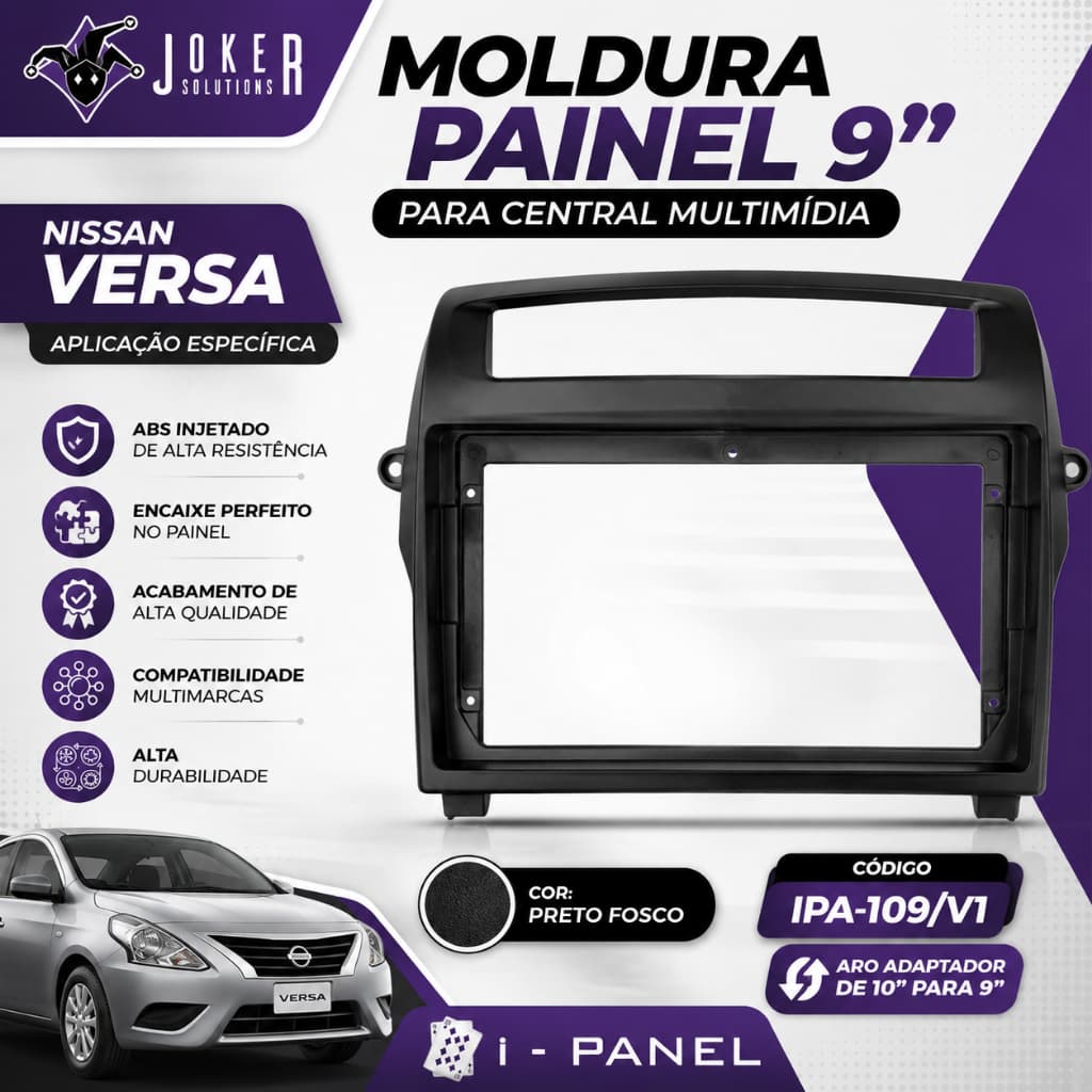 Moldura de Multimídia 9" para Nissan Versa com Painel Curvado, na Cor Preta Joker Solutions i-Panel IPA-109/V1