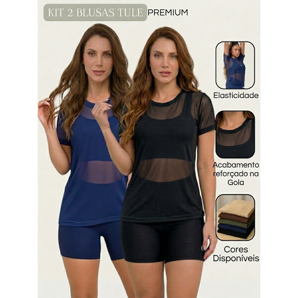 Kit 2 Blusa de Tule Academia Feminina - 2 Camisetas Transparente feminina de Tule